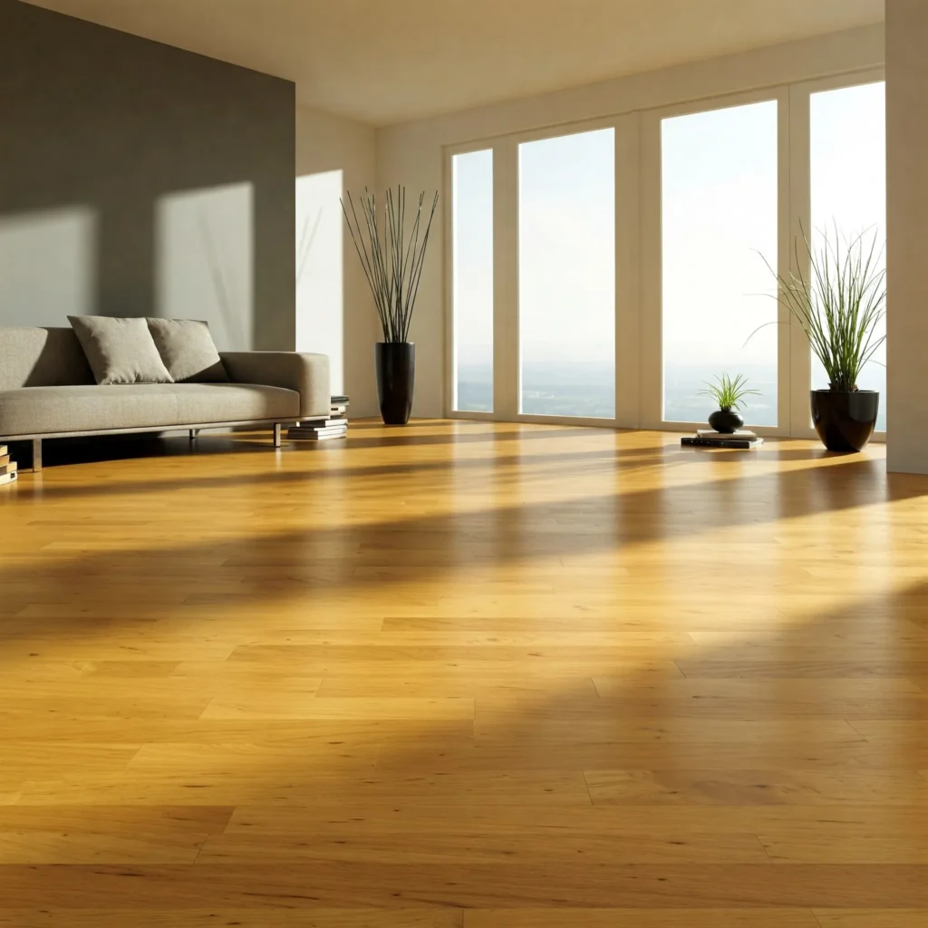 Sustainable bamboo wood floors with woven chair and potted plants in eco-friendly living room.