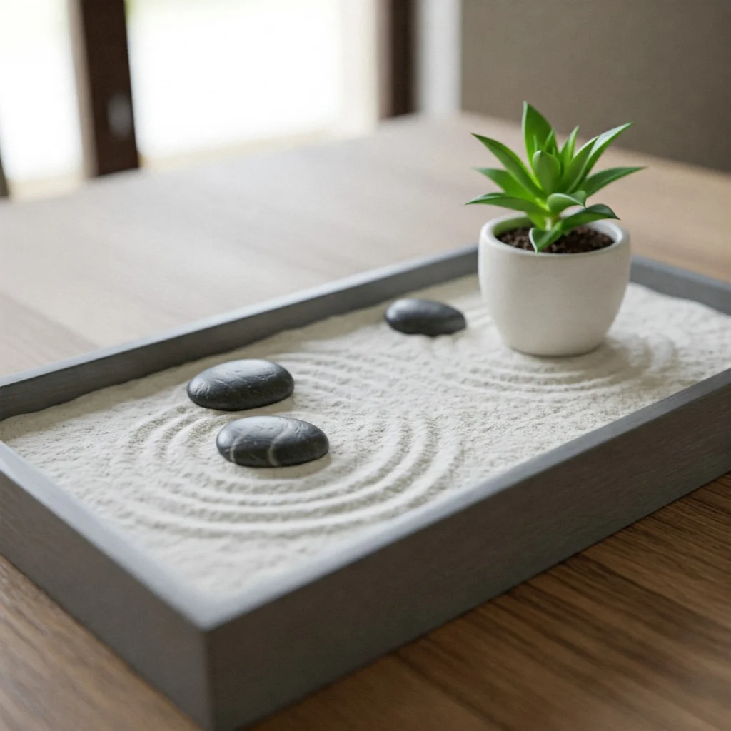 Minimalist Zen garden table centerpiece with sand and stones, creating a serene dining table focal point.