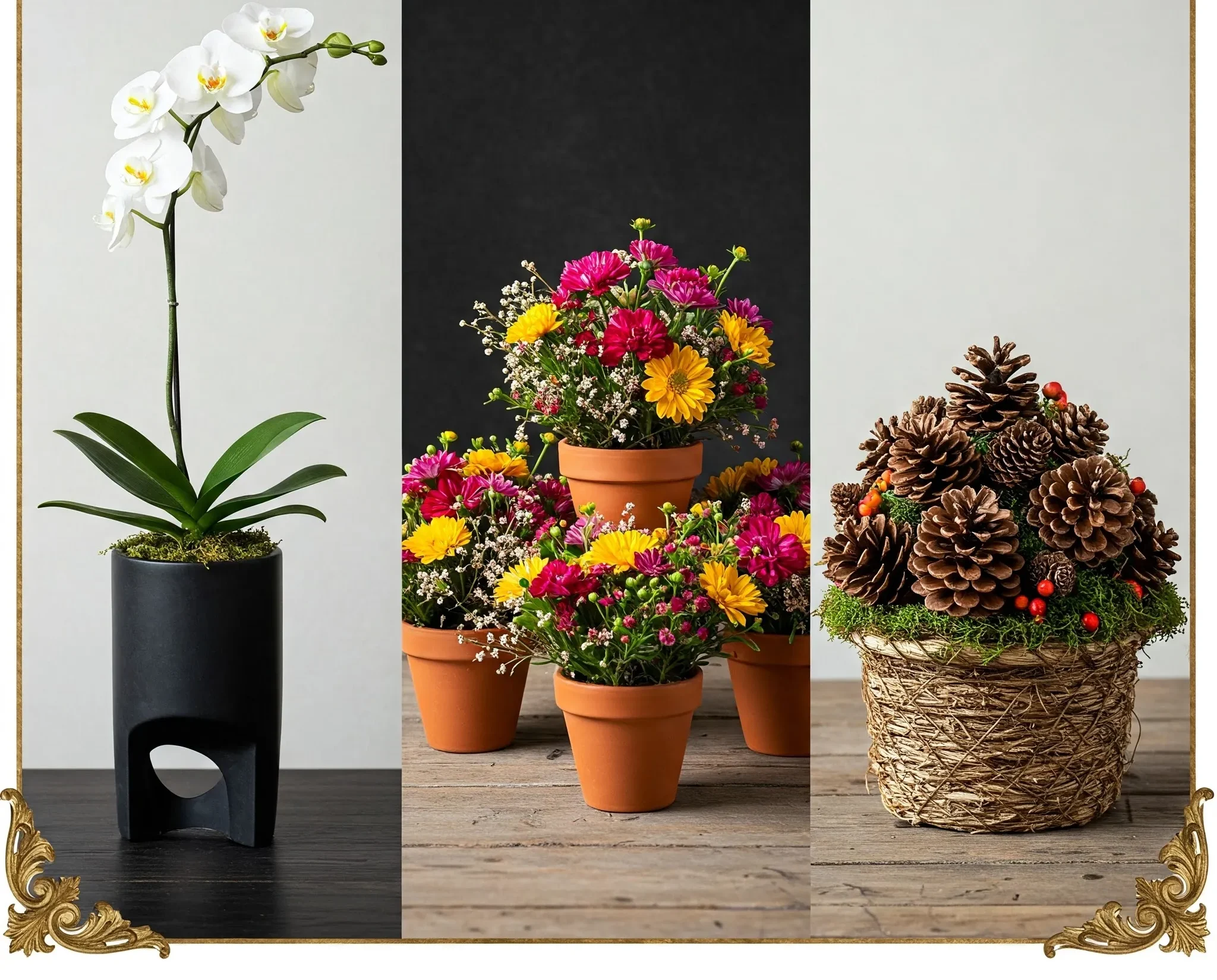 Split featured image of dining table centerpieces showcasing a vibrant floral arrangement, cozy candle display, and modern glass terrarium for stylish visual inspiration.