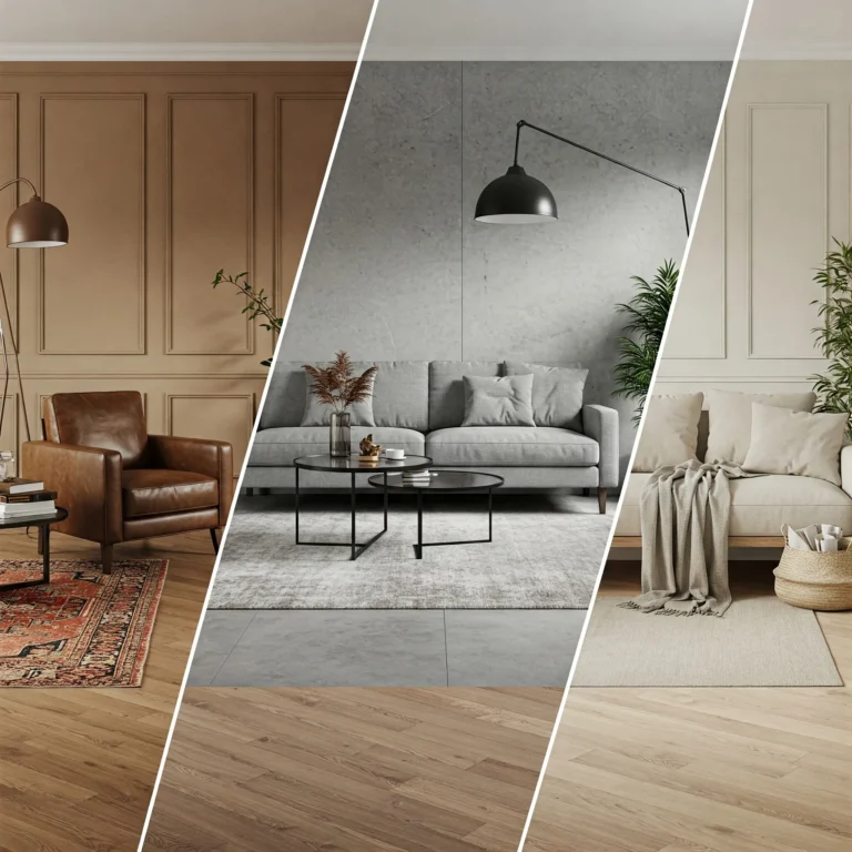 Living room flooring ideas: Herringbone hardwood, polished concrete with rug, dark floors with light walls, bamboo, and luxury vinyl planks (LVP) in one frame.