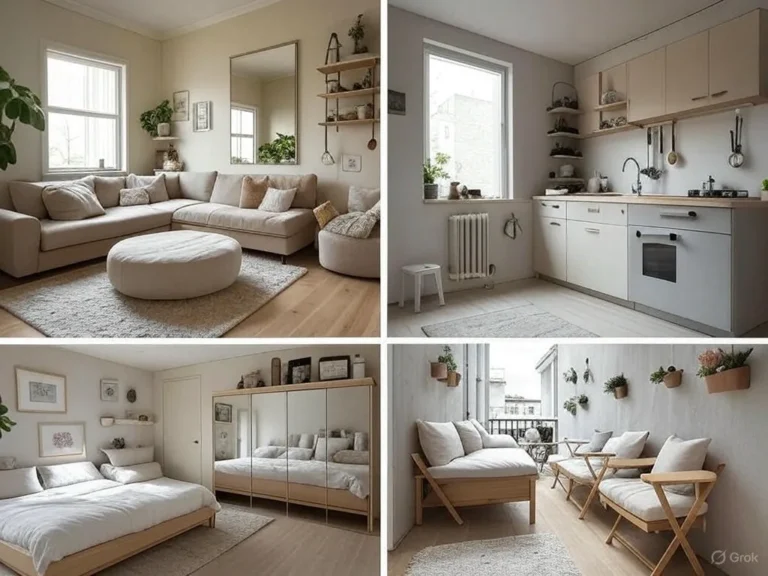 A split image showcasing small apartment design: top left, a cozy living room with a sofa bed, mirror, and rug; top right, a compact kitchen with wall-mounted shelves; bottom left, a bedroom with under-bed storage; bottom right, a balcony with foldable furniture and planters.