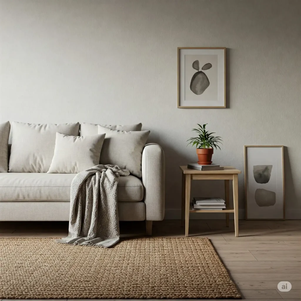 Minimalist living room with a neutral sofa, wool throw, jute rug, and wooden side table for a cozy aesthetic.