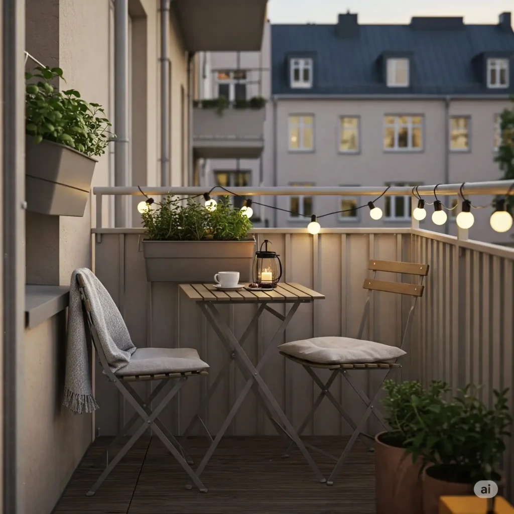 Small apartment balcony with a foldable bistro table, two chairs, a vertical herb planter, and string lights.