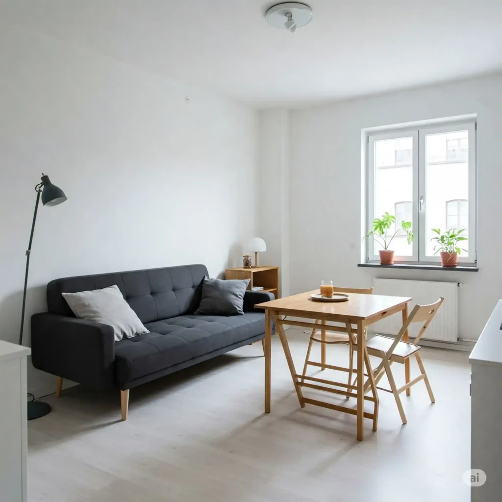Compact studio apartment with a sleek sofa bed and foldable bamboo dining table, arranged for space-saving minimalist style.