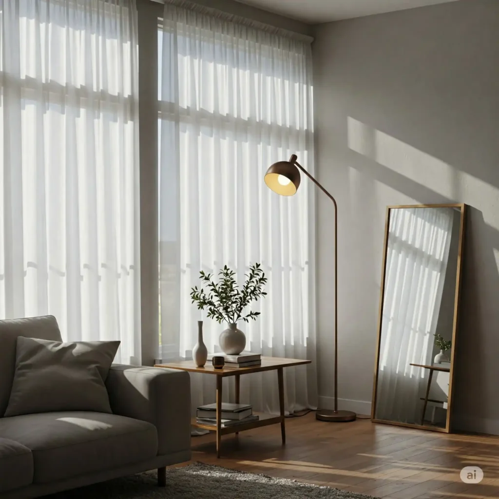Cozy minimalist living room with large windows, sheer white curtains, and a sleek floor lamp with a warm glow.
