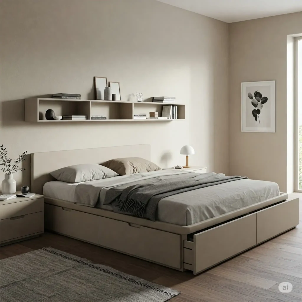 Minimalist bedroom with under-bed storage drawers and floating wall shelves holding organized items in neutral tones.