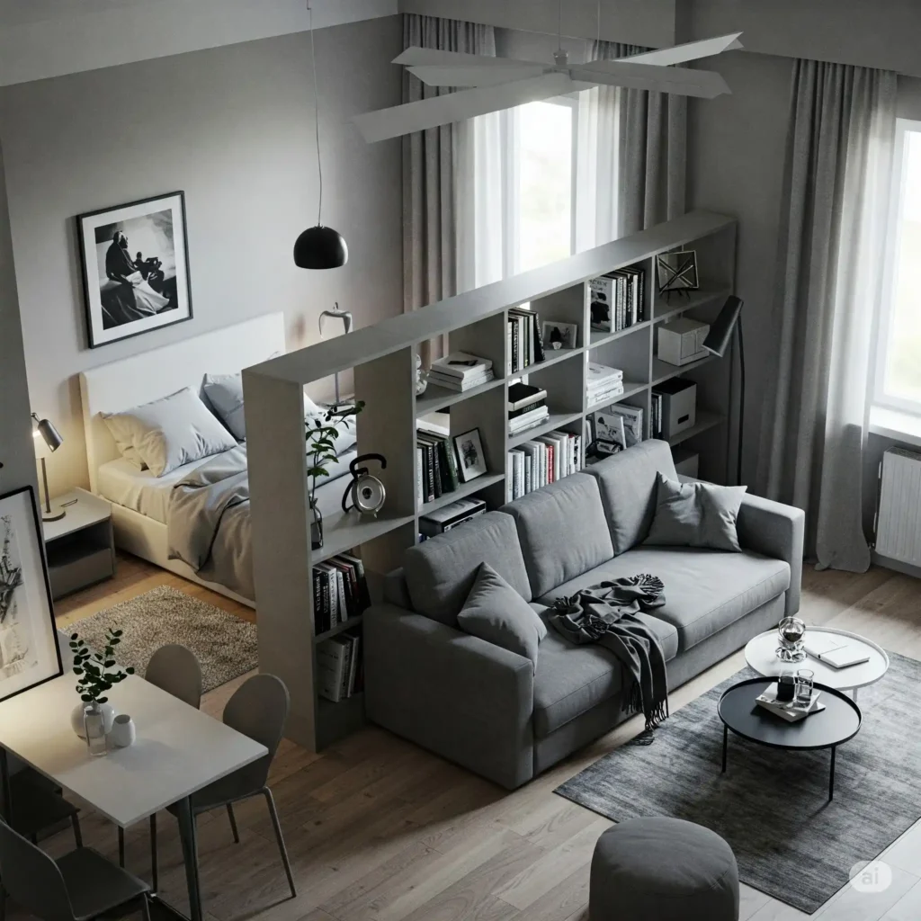 Stylish studio apartment with a low bookshelf divider, neutral area rug, and sofa bed in soft grays and whites.