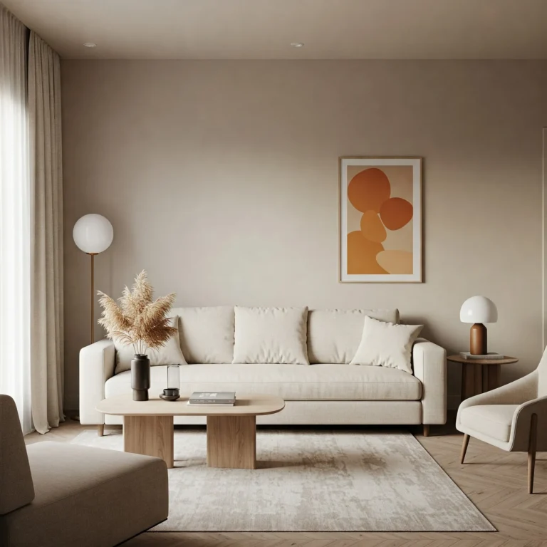 Minimalist apartment living room with neutral white and beige decor, featuring a cozy beige sofa, mustard-yellow vase, and natural lighting for a Japandi-style featured image.
