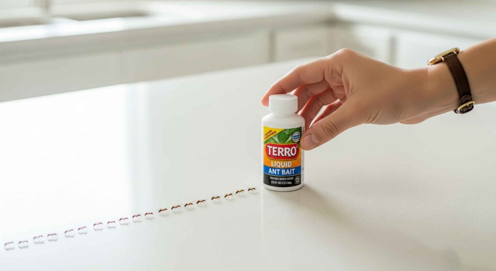 Hand placing a TERRO liquid ant bait near an ant trail on a kitchen surface.