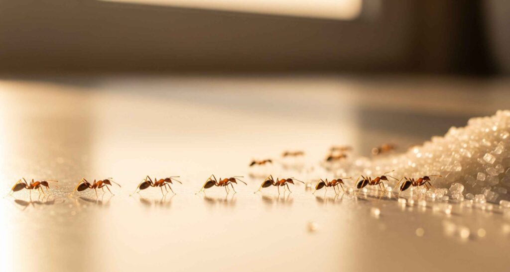 Close-up of a line of sugar ants marching across a kitchen counter near a sugar spill.