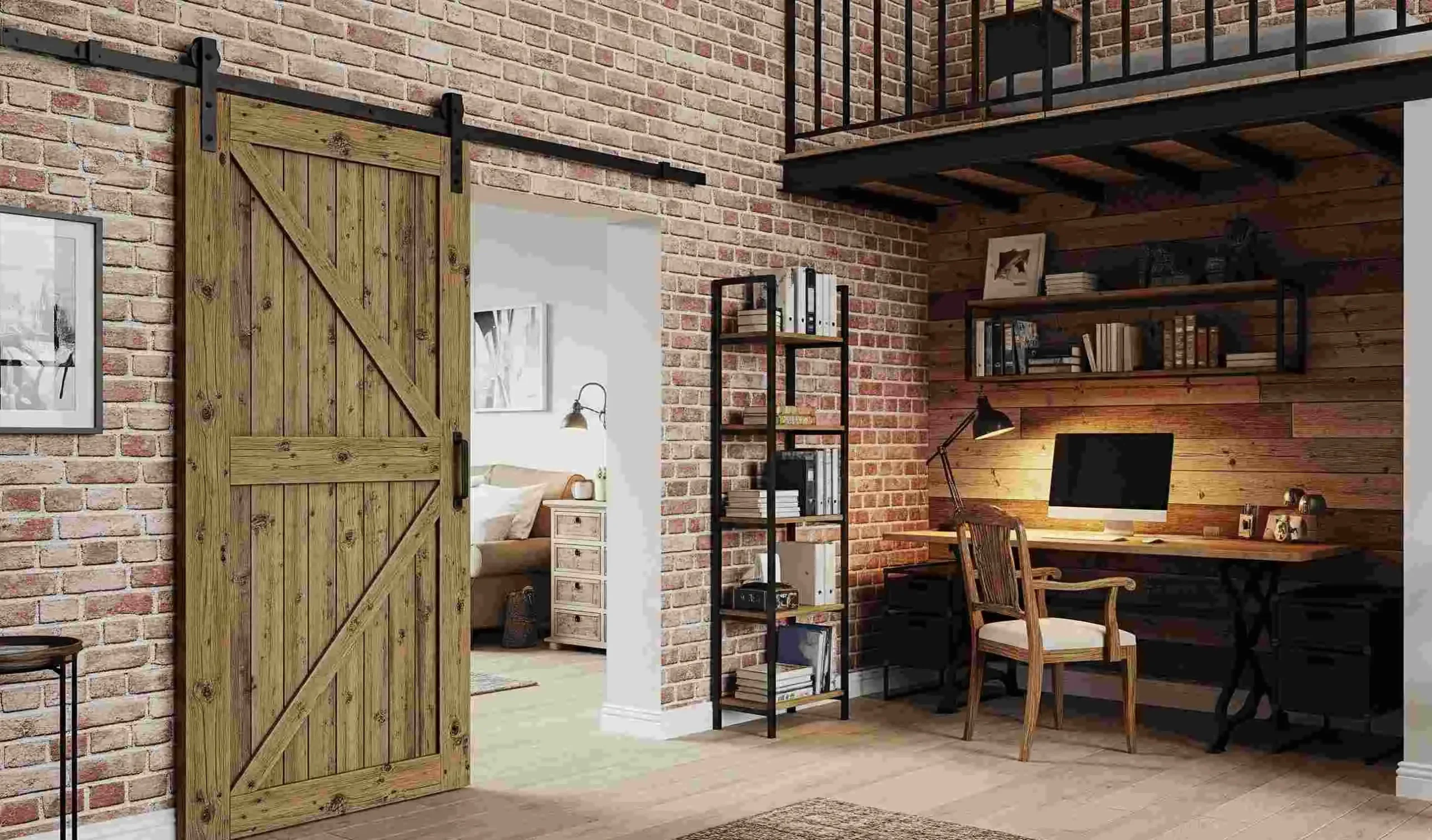 Rustic barn door interior in a stylish loft with reclaimed wood and exposed brick