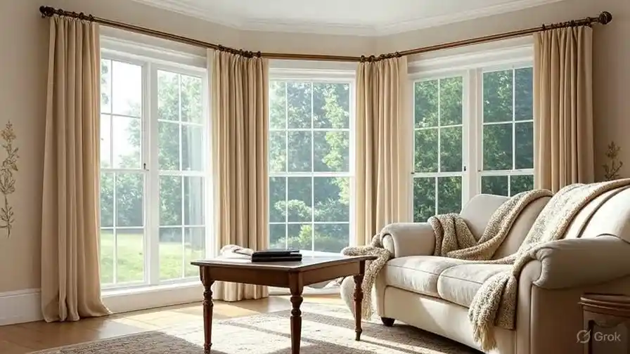 Bright living room with an adjustable brass curtain rod framing a bay window with soft beige curtains, highlighting the window’s unique angles.