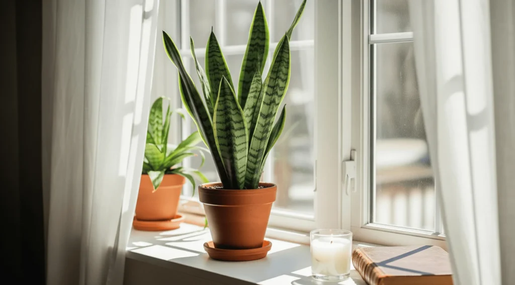 A snake plant with upright green leaves in a terracotta pot on a sunny windowsill, with soft light filtering through white curtains.