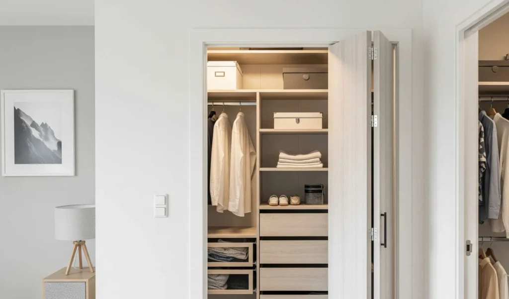 Bi-fold interior door closet in a modern apartment, folding neatly to save space.