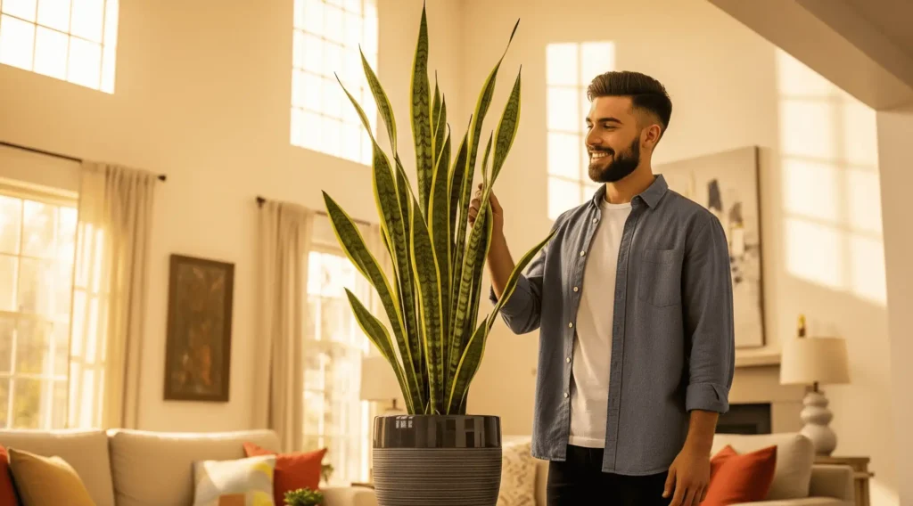 A smiling person touching a large snake plant with yellow-edged leaves in a ceramic pot in a cozy, modern living room.