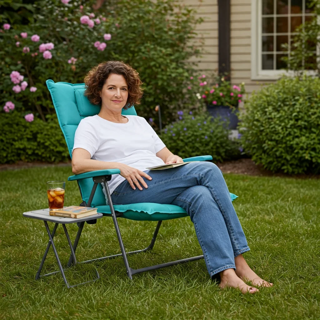 Person relaxing in a comfy padded folding chair with lumbar support in a cozy backyard, showcasing ergonomic design.