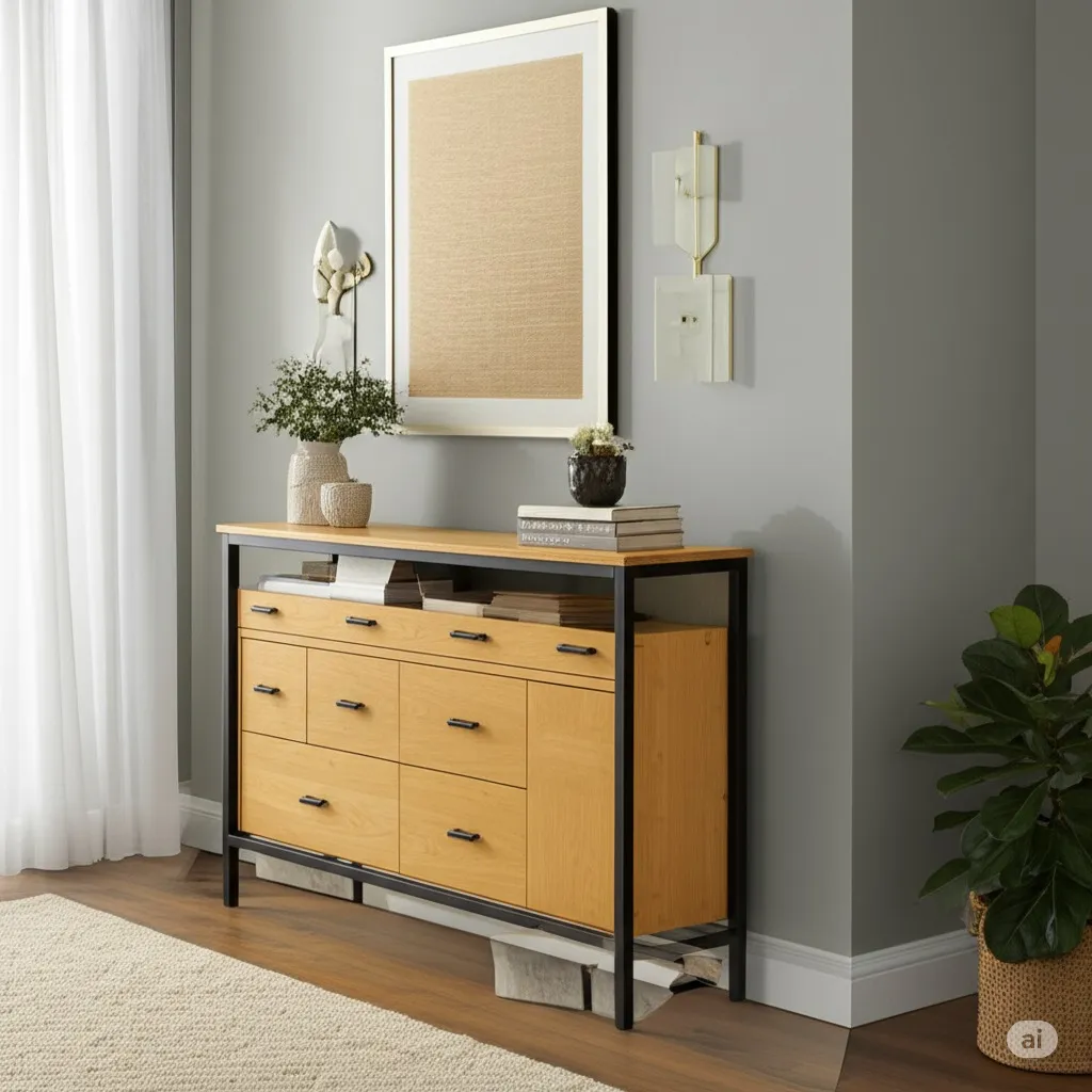 Console Table with Storage: A console table with drawers and a lower shelf, organized with trays and decorative accents.
