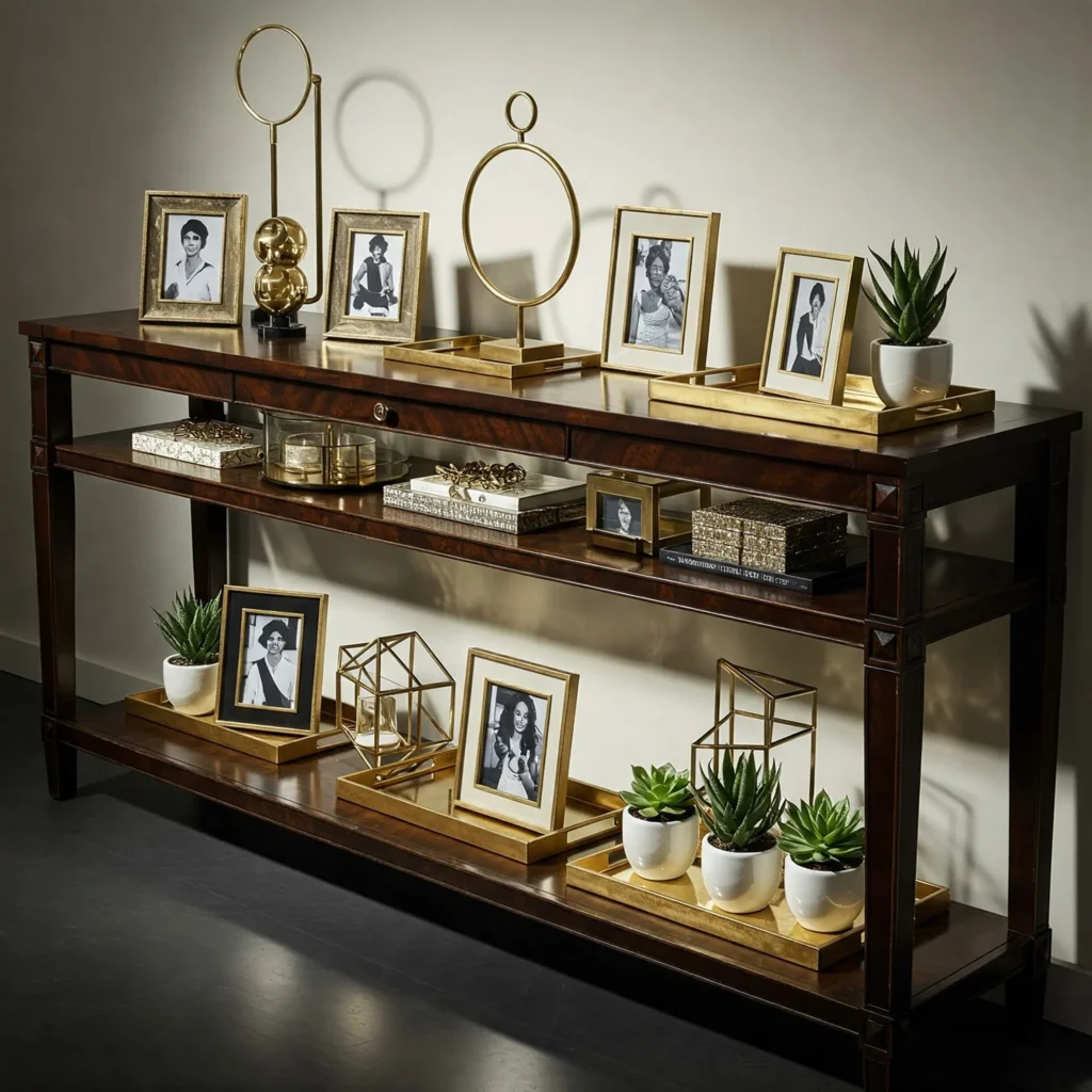 Console Table with Tray: A console table styled with metal and ceramic trays for organized decor.