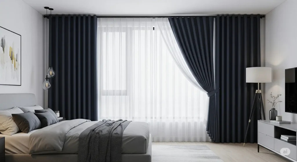 Modern bedroom with a double curtain rod system featuring sheer white curtains and navy blackout curtains for layered light control.