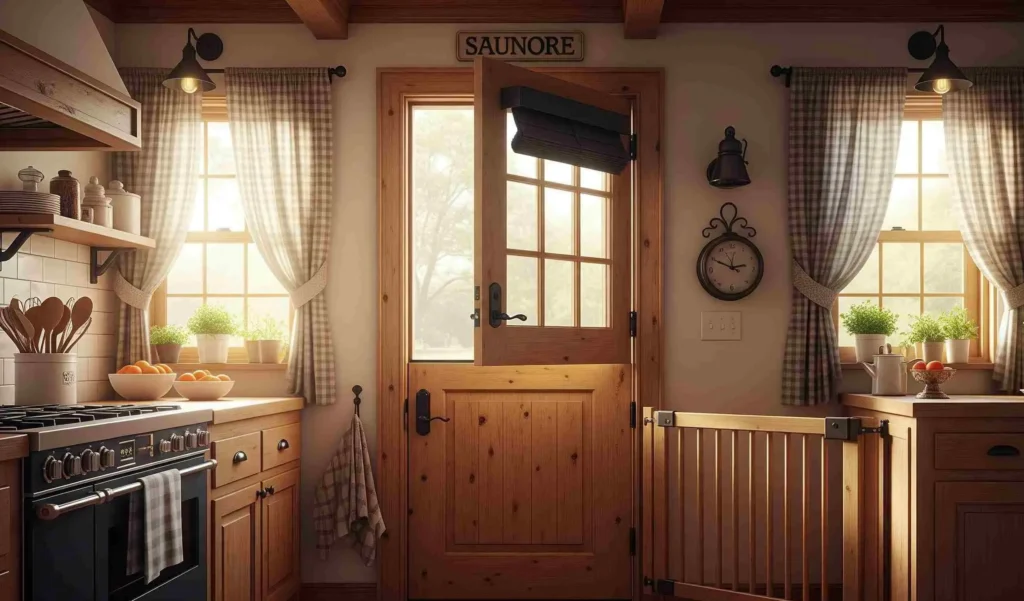 Dutch interior door kitchen in a cozy farmhouse with open top half.