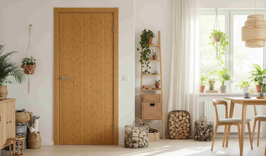 Bamboo interior door sustainable in a modern home with eco-friendly Scandinavian decor.