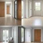 Collage of modern interior doors with various styles and views, featuring hinged, sliding, barn, French, bi-fold, Dutch, louvered, and flush designs in a stylish home setting.
