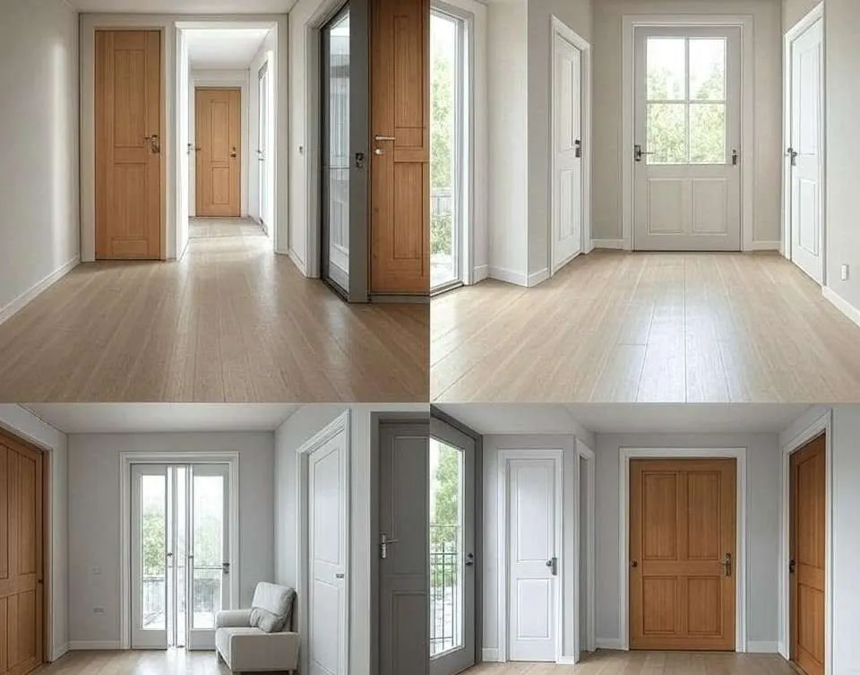 Collage of modern interior doors with various styles and views, featuring hinged, sliding, barn, French, bi-fold, Dutch, louvered, and flush designs in a stylish home setting.