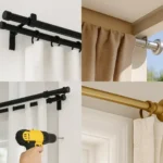 A collage of four photographic images displaying various curtain rod types and styles in different interior settings, including modern, rustic, and traditional home décor.
