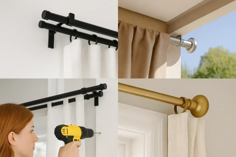A collage of four photographic images displaying various curtain rod types and styles in different interior settings, including modern, rustic, and traditional home décor.