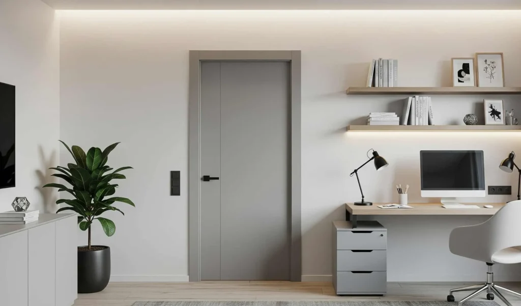 Flush interior door minimalist in a modern home office with sleek design.