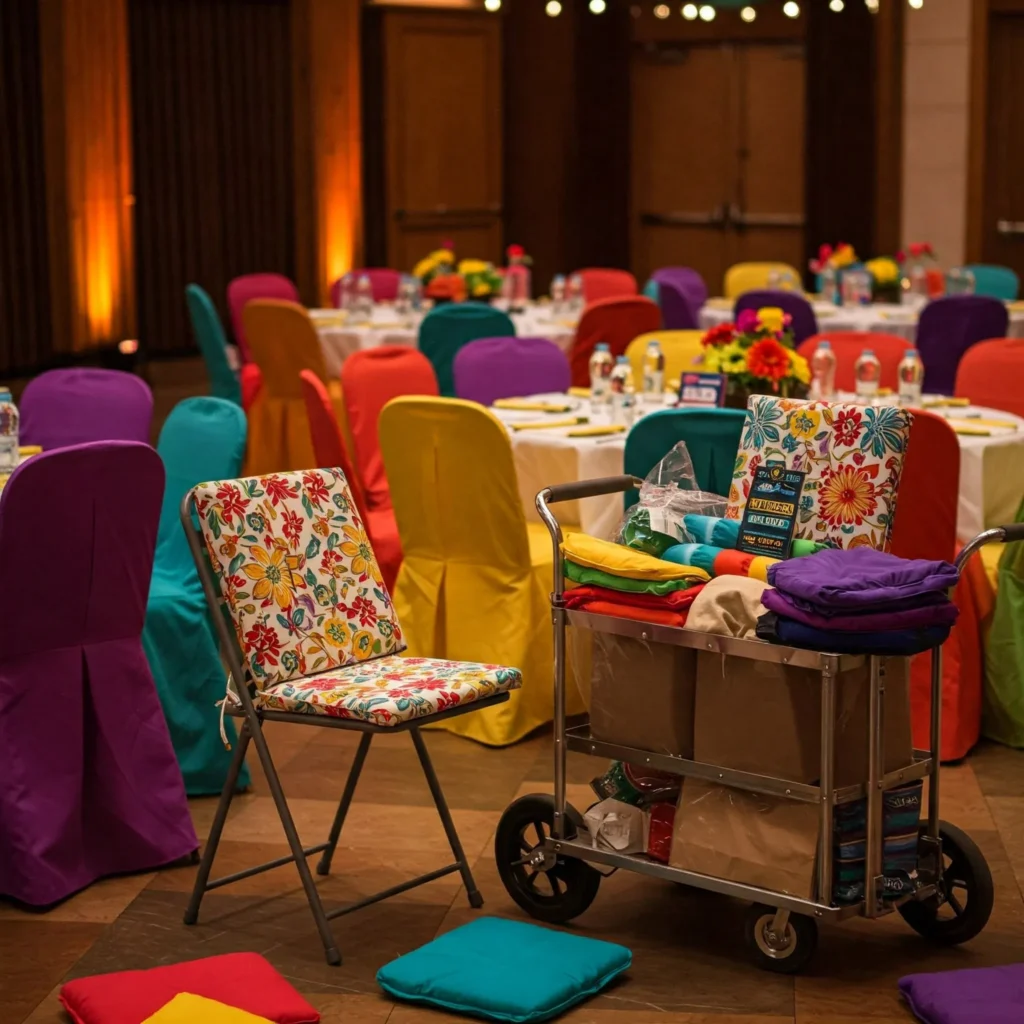 Colorful folding chair covers, cushions, and a trolley in an event venue, enhancing chair functionality and style.