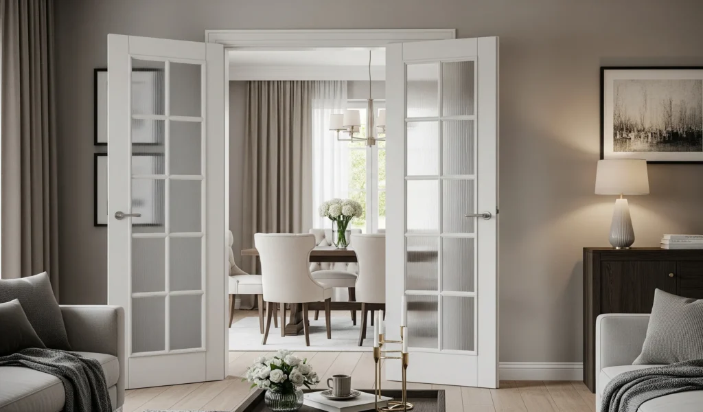 Frosted glass French doors interior in a living room, enhancing light with elegant design.