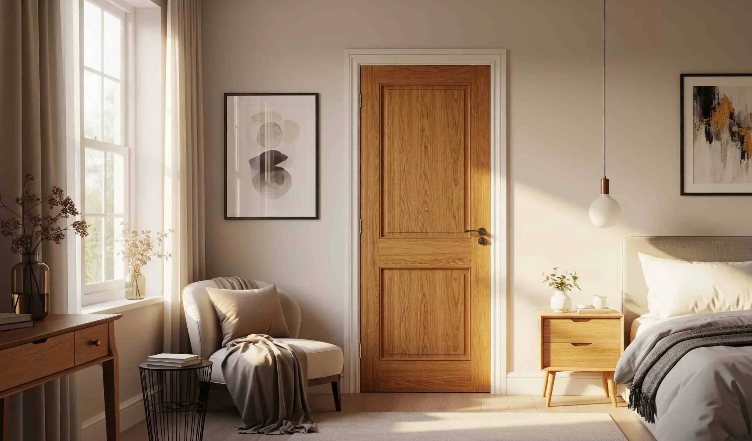 Solid wood hinged interior door in a cozy bedroom with warm oak tones and minimalist decor.