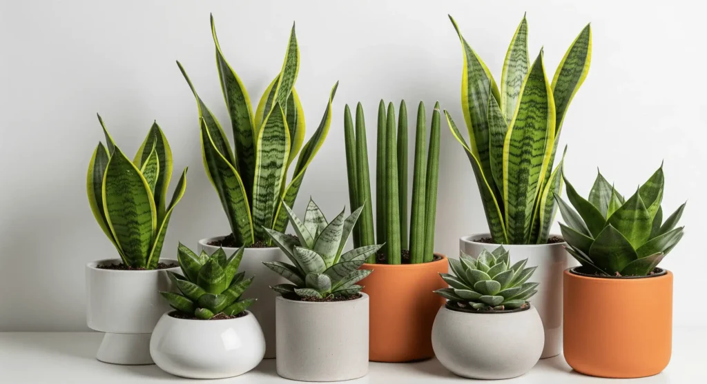 A collection of snake plant varieties, including Laurentii, Cylindrica, Moonshine, and Hahnii, in modern pots on a bright shelf.