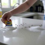 A person placing TERRO liquid ant bait near a sugar spill on a kitchen counter, with sugar ants marching toward it, and a spray bottle of vinegar solution in the background.