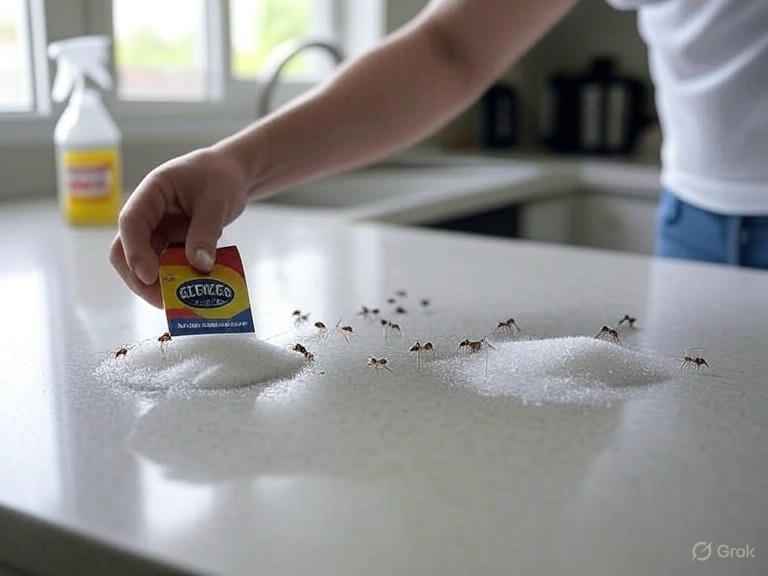 A person placing TERRO liquid ant bait near a sugar spill on a kitchen counter, with sugar ants marching toward it, and a spray bottle of vinegar solution in the background.