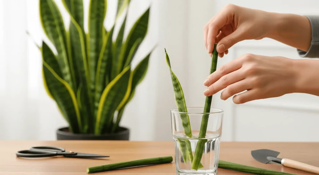 Hands placing snake plant leaf cuttings in a glass of water for propagation, with a potted snake plant in the background.