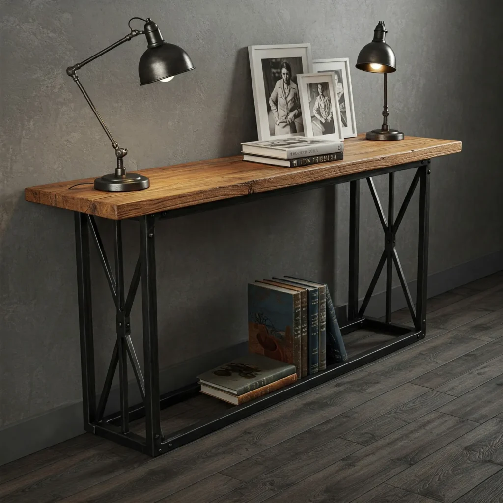 Industrial Console Table: A black metal console table with a concrete vase on a reclaimed wood surface.