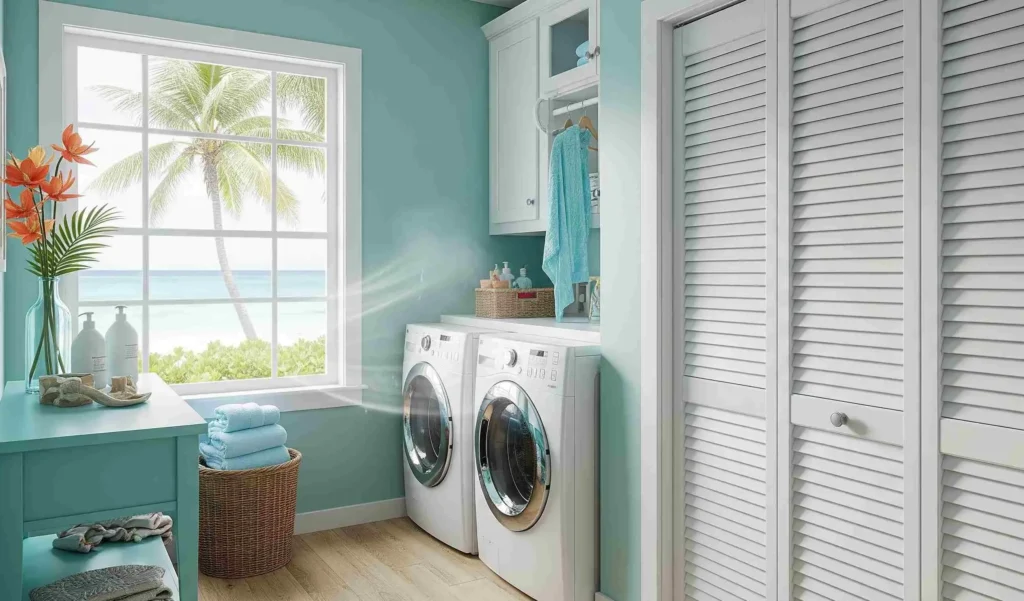 Louvered interior door laundry in a tropical-style room with slatted panels.