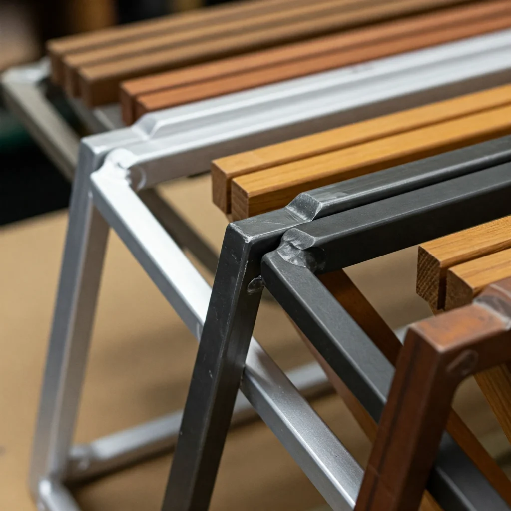 Close-up of aluminum, steel, and wooden folding chair frames on a workshop table, highlighting material durability and textures.
