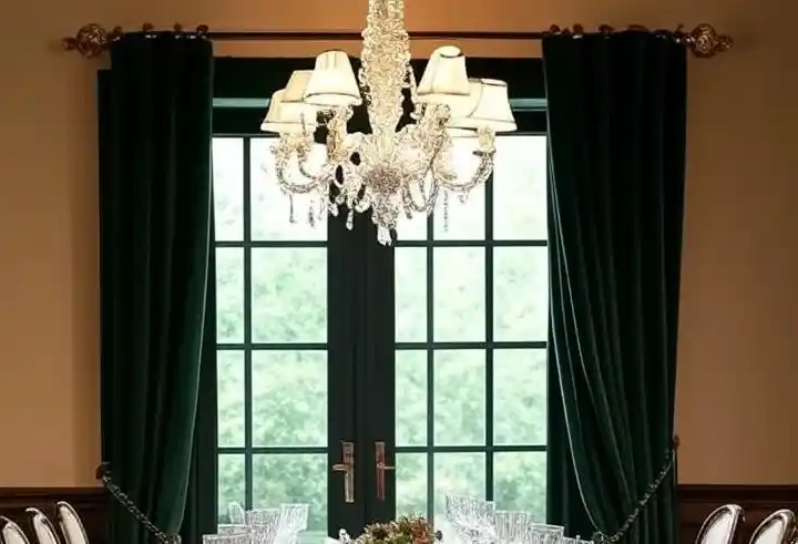 Formal dining room with a polished brass motorized curtain rod holding deep green velvet curtains, adding luxury and sophistication.