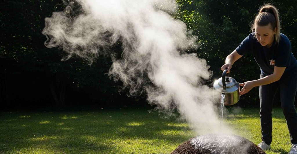 Person pouring boiling water onto an ant hill in a grassy yard to eliminate the colony.