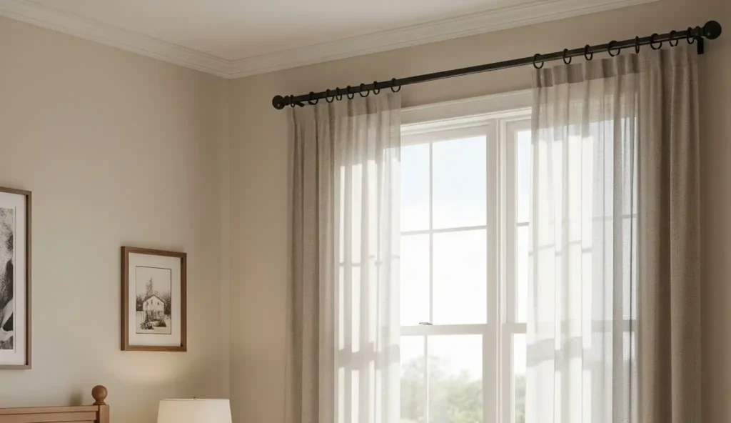 Cozy guest room with a black single curtain rod holding lightweight linen curtains on a standard window, letting in soft natural light.