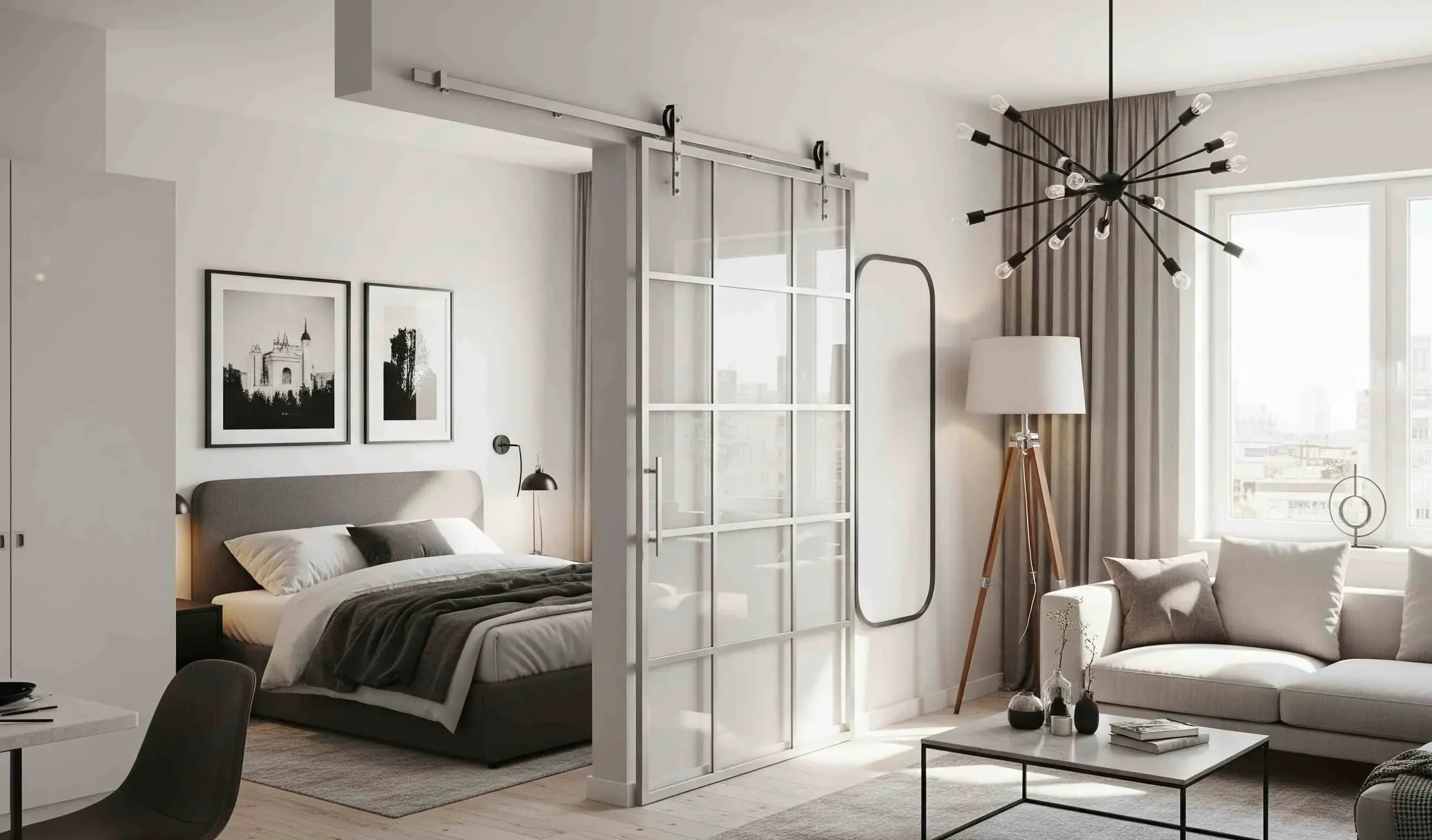 Glass sliding interior door in a modern apartment, saving space with an industrial metal track.