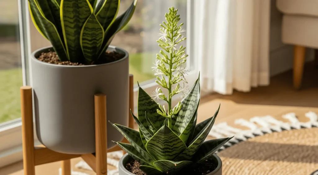 A snake plant with a rare spike of small white flowers in a gray pot on a wooden stand in a bright, cozy room.