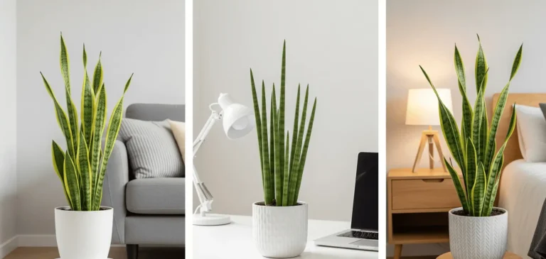 Collage of three snake plant varieties – Laurentii in a modern living room, Cylindrica on an office desk, and Moonshine on a bedroom nightstand – each styled in unique home settings.