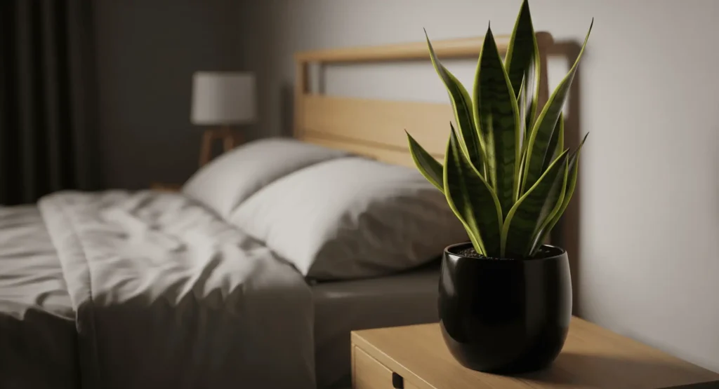 A snake plant with green and yellow leaves in a black pot on a bedside table in a cozy, dimly lit bedroom with gray bedding.