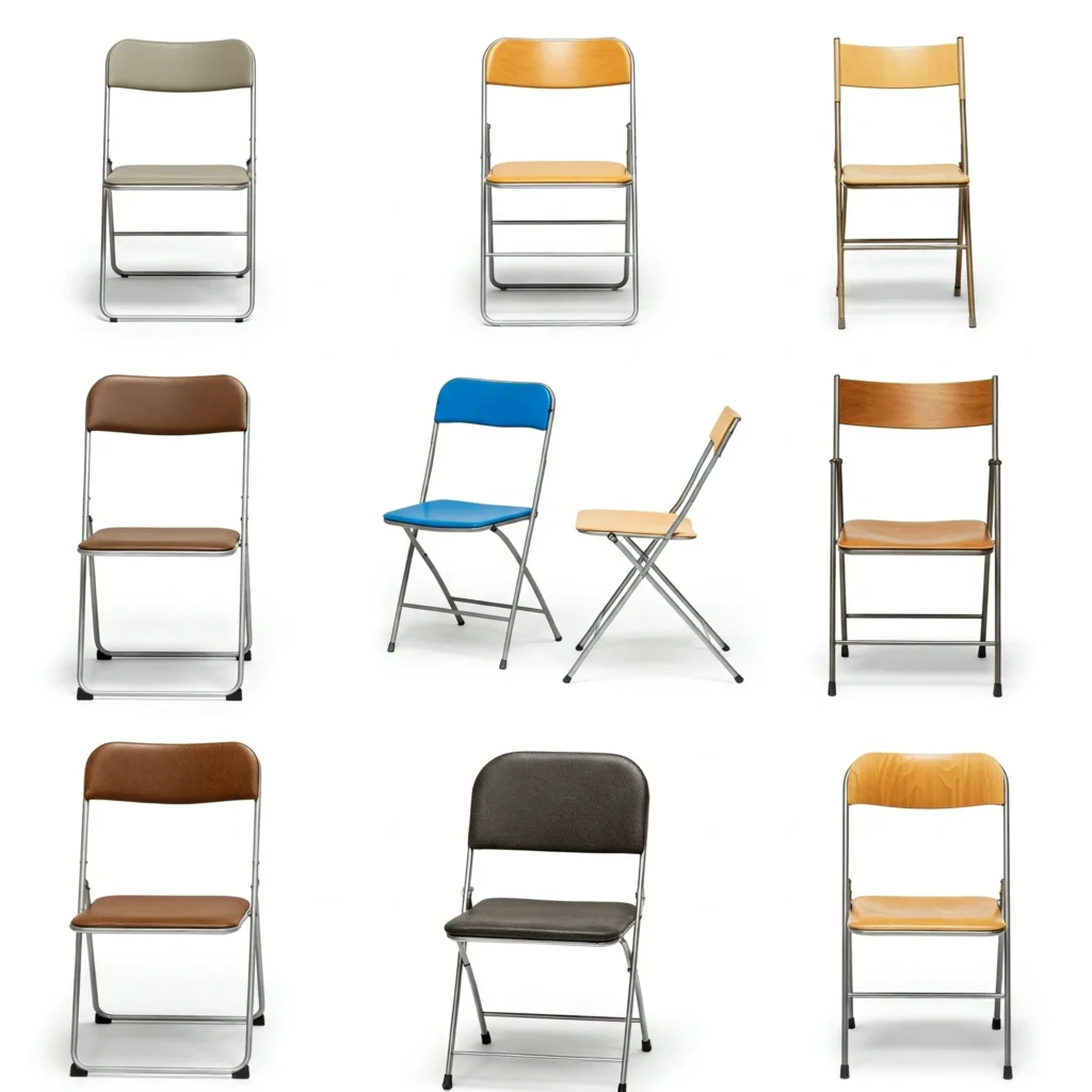 Assortment of folding chairs including metal, plastic, padded, and wooden types on a white background, highlighting their unique designs.