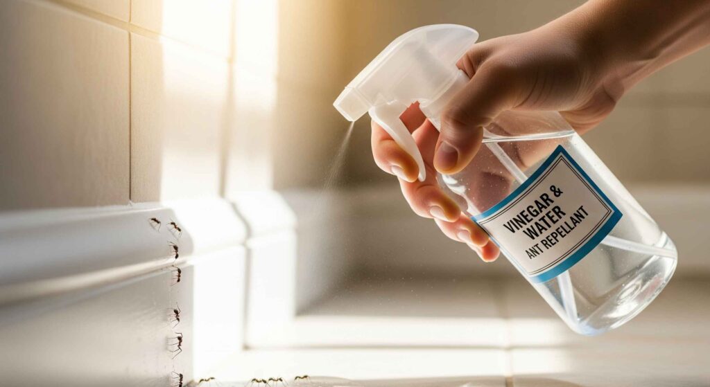 Spray bottle applying a vinegar and water solution to a bathroom baseboard to repel ants.