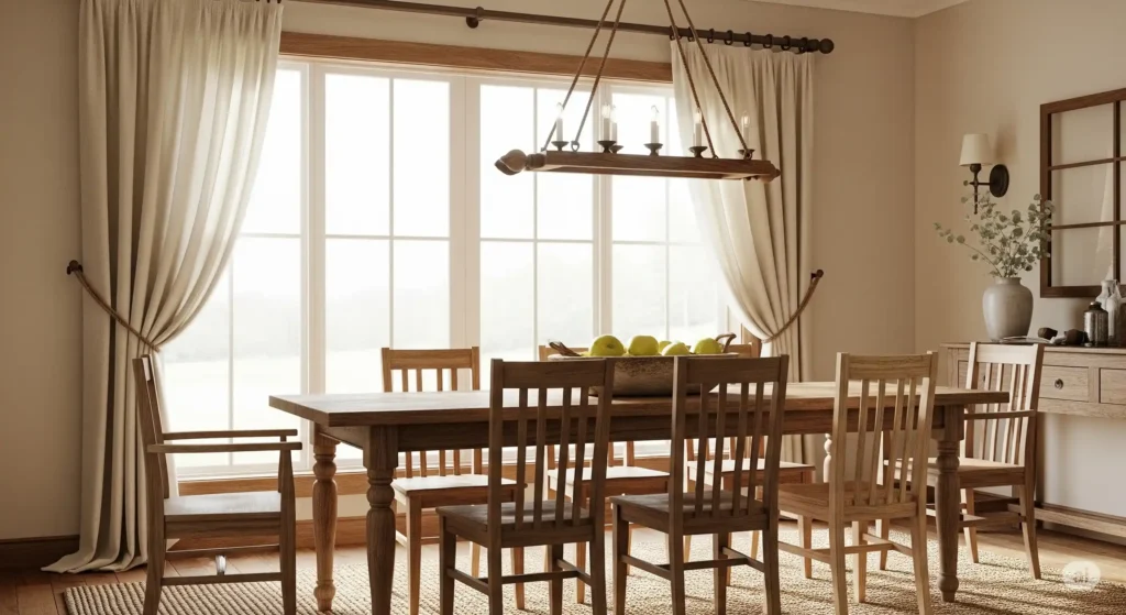 Rustic dining room with a walnut wooden curtain rod holding cream curtains, tied back to create a warm, inviting atmosphere.